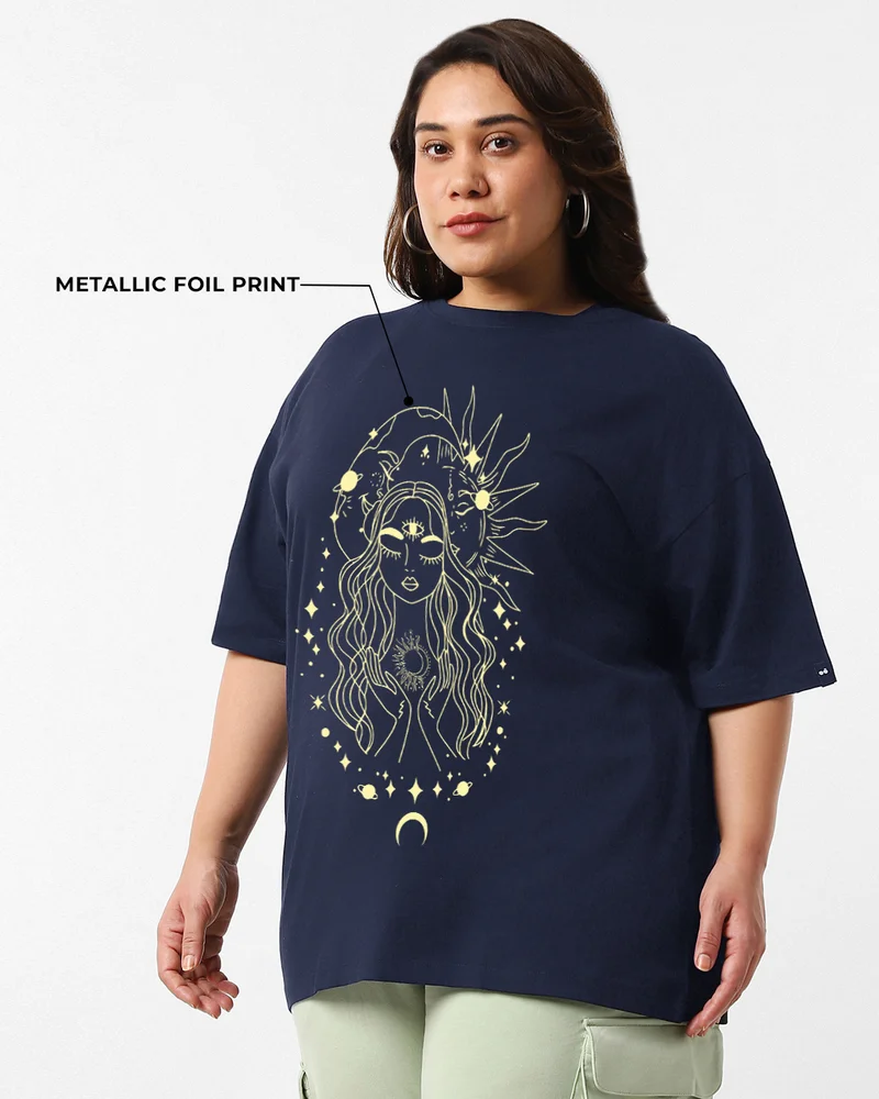 بيواكوف Women's Blue Stardust Soul Graphic Printed Oversized Plus Size T-shirt